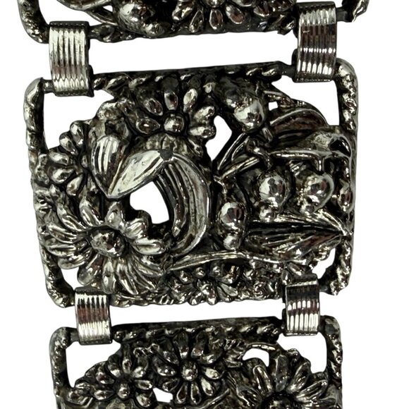 Vintage Sarah Coventry Floral SilverTone Panel Bracelet Antique Garden Sunflower - Picture 11 of 12
